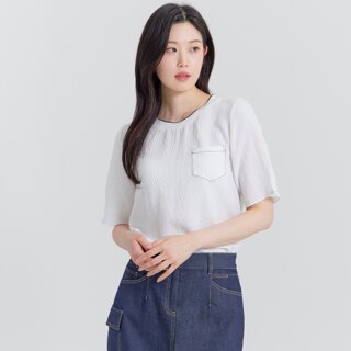 [지센] (2컬러) 리플 소재 포켓 장식 블라우스형 반팔 티셔츠 LFTSP402