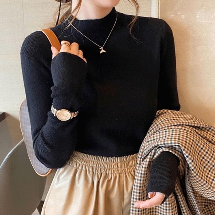여성기본심플색상터틀넥니트슬림한니트티검정티