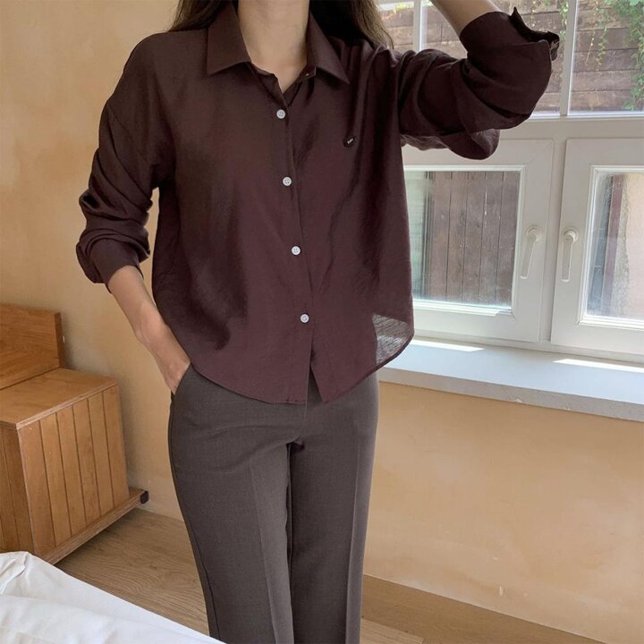 [옷자락] 여성 레이온 단색 팬던트 세미크롭 긴팔 블라우스