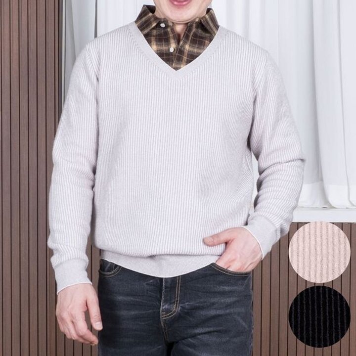 [하프클럽/중년의품격]두툼한 중년 남성 겨울 기모안감 셔츠레이어드 골덴 브이넥 니트티 