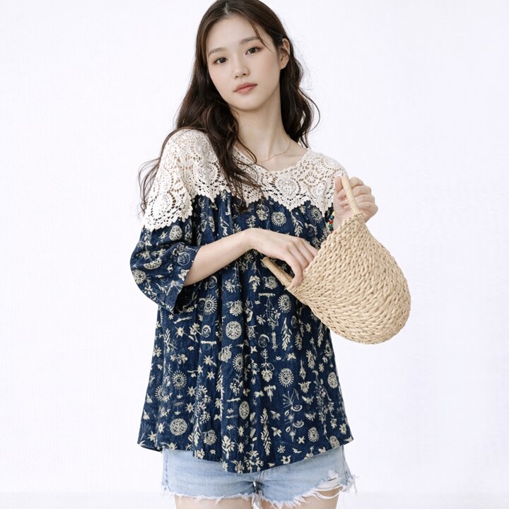 [TAG가99,000]하프레이스나염블라우스_S5BBL010C