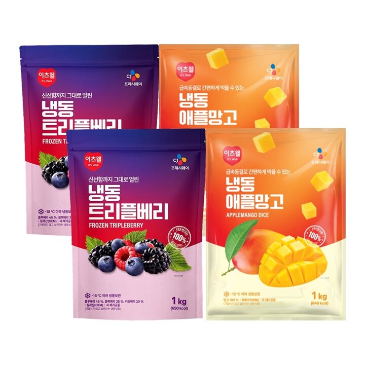 이츠웰 냉동트리플베리(블루베리+블랙베리+라즈베리)1kgx2+애플망고1kgx2