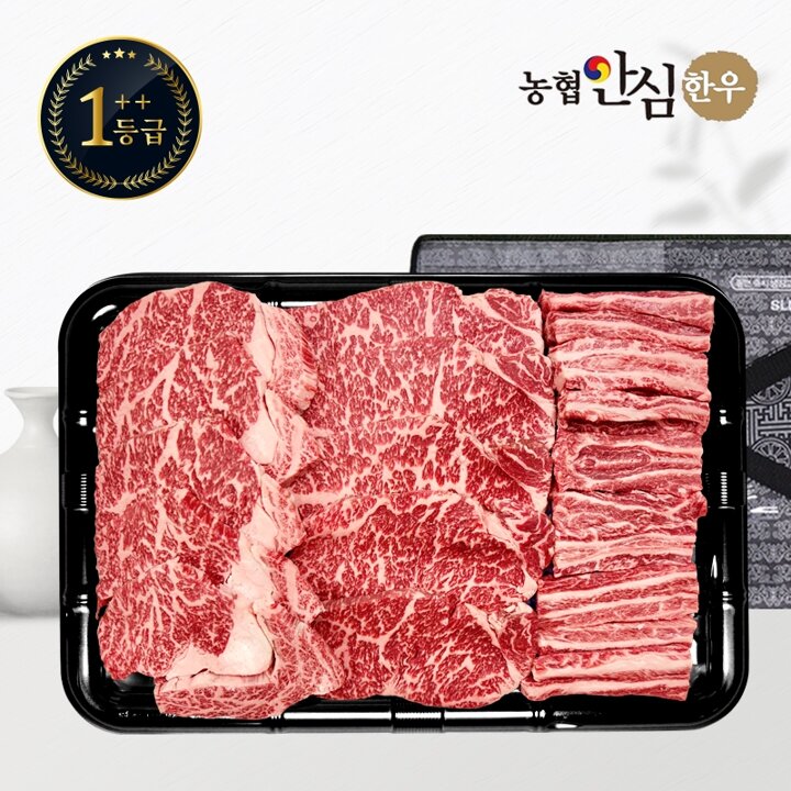 [G][농협안심한우] 1++등급 한우 선물세트 채반 구이3호 1kg (등심 400g/채끝300g/갈비살300g)