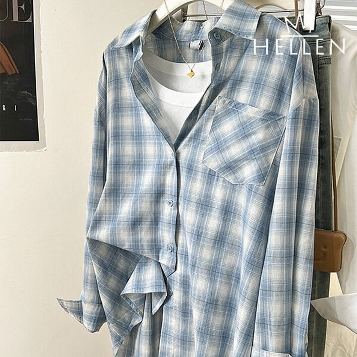 헬렌 체크 패턴 여성 남방 캐주얼 셔츠 봄 여름 장마