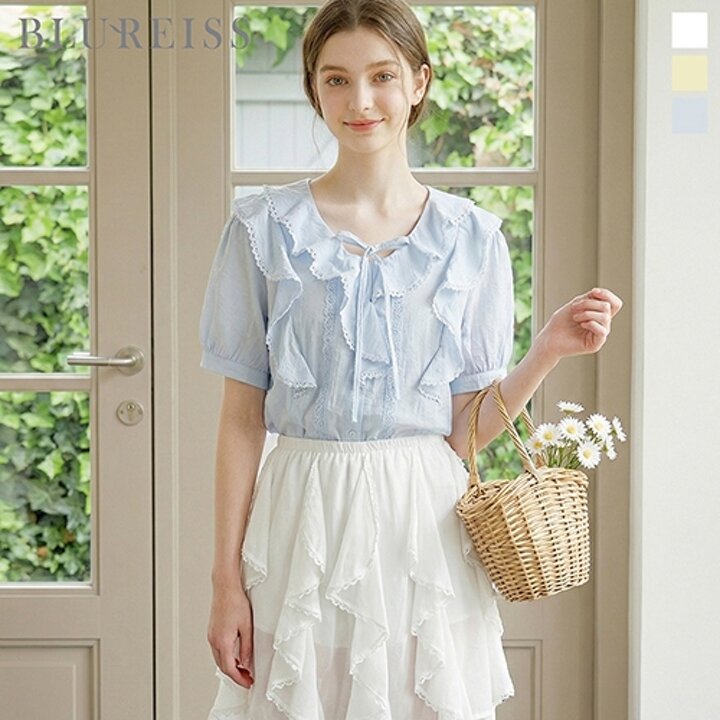 [블루레이스] 자수 프릴 리본 블라우스_B6M1BL5821
