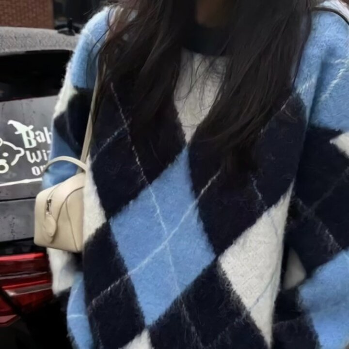 여성 가을 겨울 아가일 루즈핏 니트 티셔츠