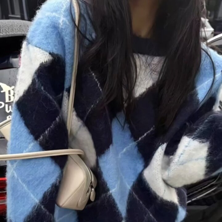 여성 가을 겨울 아가일 루즈핏 니트 티셔츠