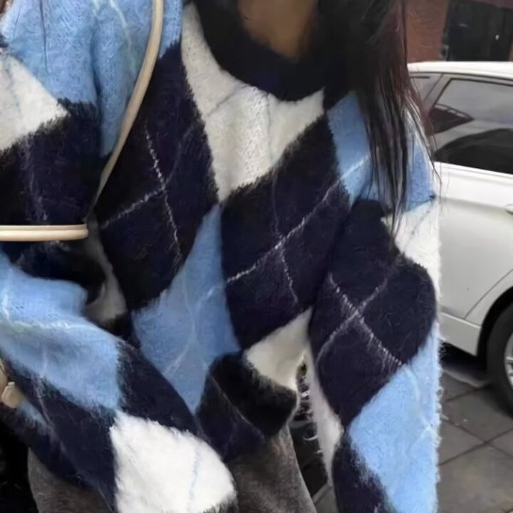 여성 가을 겨울 아가일 루즈핏 니트 티셔츠