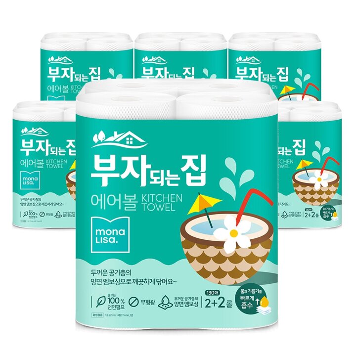 모나리자 부자되는집 에어볼 키친타월 130매 4롤 6팩