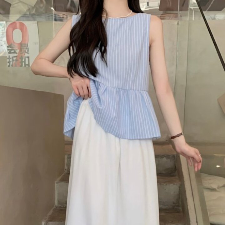 여성 플레어 스트라이프 민소매 블라우스