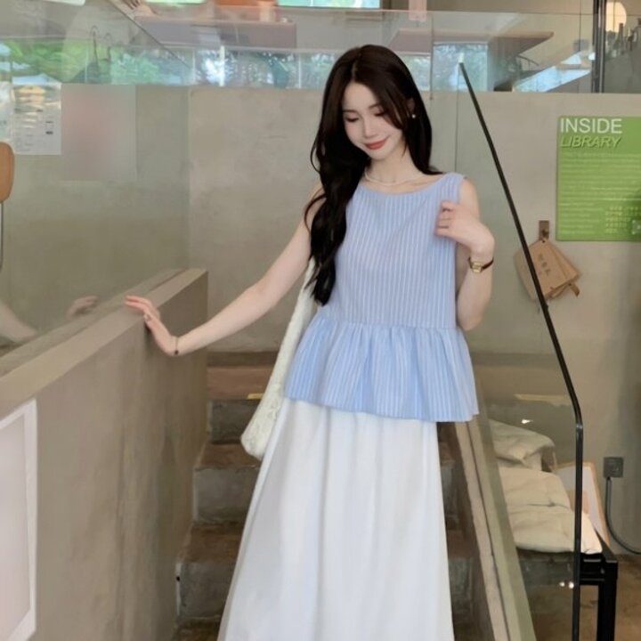 여성 플레어 스트라이프 민소매 블라우스