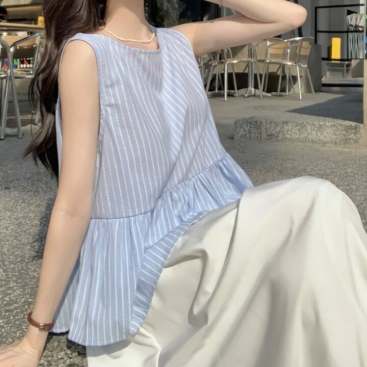 여성 플레어 스트라이프 민소매 블라우스