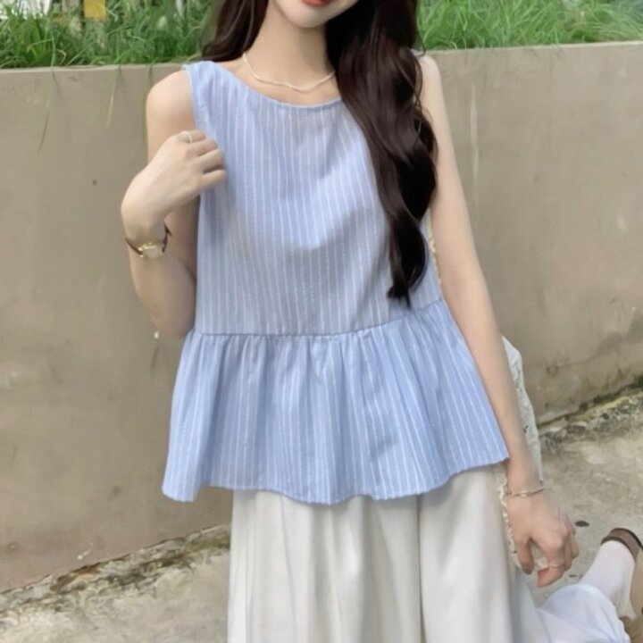 여성 플레어 스트라이프 민소매 블라우스
