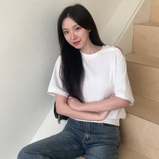 아트박스/신상오픈런 반팔맨투맨 라운드넥 숄더컷아웃 여자무지티