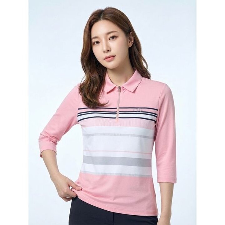 [하프클럽/올포유]여성 변형 스트라이프 7부 카라 반집업 티셔츠 AWTYN3181 403