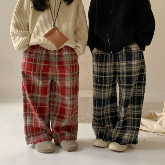 유아 키즈 아동 크리스마스 모직 체크 와이드 기모팬츠