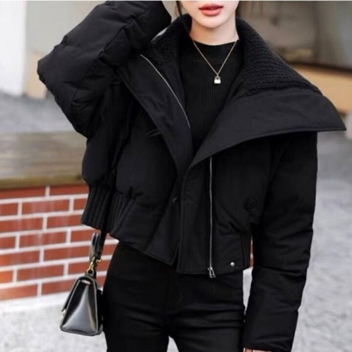 여성 겨울 오버핏 빅 카라 크롭 숏 점퍼 패딩 자켓 경량패딩