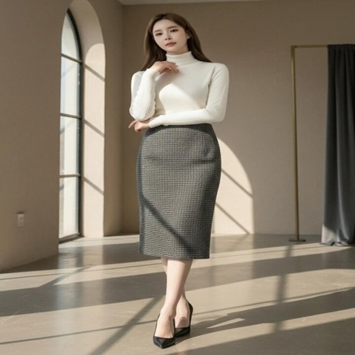 [다잇템] 여자 겨울정장 격자 슬릿 울치마 중간 일자 스커트23961249588872