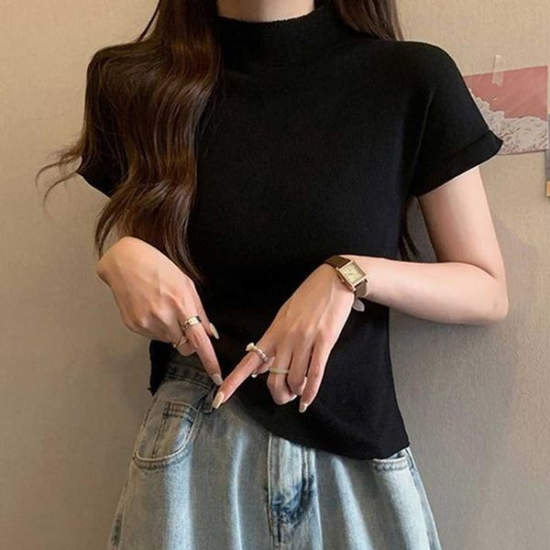 반목 베이직 반팔 니트 데일리 하객룩 여성 하프넥 오버핏티셔츠