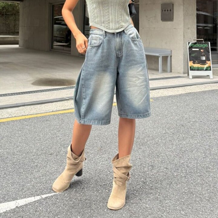 [옷자락] 여자 옆절개 투웨이 버튼 워싱 버뮤다팬츠 청반바지