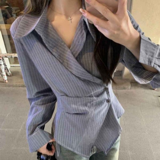 세로 스트라이프 셔츠 랩디자인 허리절개 벌어짐X