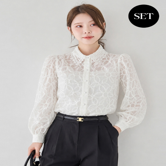레이스카라 플라워 자수 나시세트 블라우스M2608BL616C