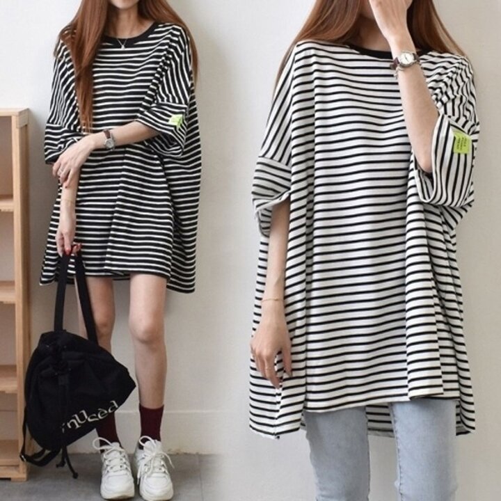 여성 2컬러 루즈핏 캐주얼 스트라이프 롱 반팔 티셔츠19628659667501