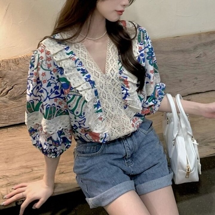F007307에스닉 레이스포인트 퍼프블라우스19650382667501