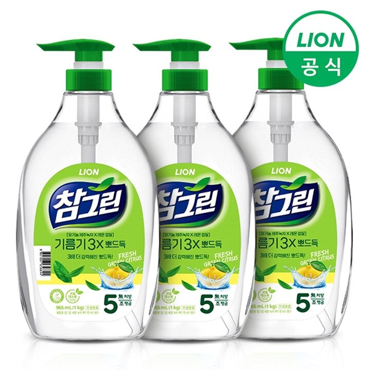 참그린 녹차 기름기 뽀드득 주방세제 1kg용기(펌프) 3개