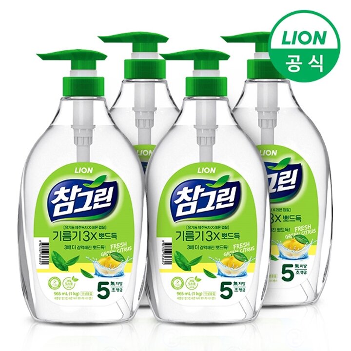 참그린 녹차 기름기 뽀드득 주방세제 1kg용기(펌프) 4개