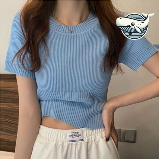 여름 필수 아이템 슬림핏 니트티셔츠 블루 소매 데이트룩코디