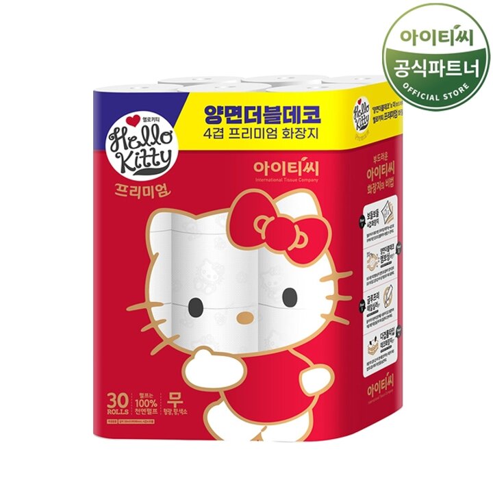 헬로키티 프리미엄 레드 4겹 화장지 (30M 30롤x1팩) 총 30롤