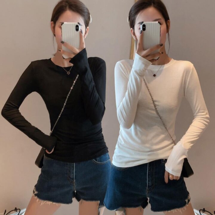 [옷자락] 여성용 바디핏 폴리에스터 오버핏 라운드 넥 긴팔 티셔츠