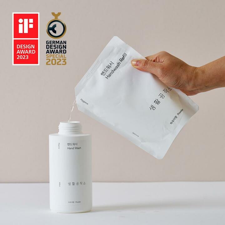 [생활공작소] 핸드워시 용기 500ml 2개+리필 400ml 6개 (파우더/청포도향 택 1)