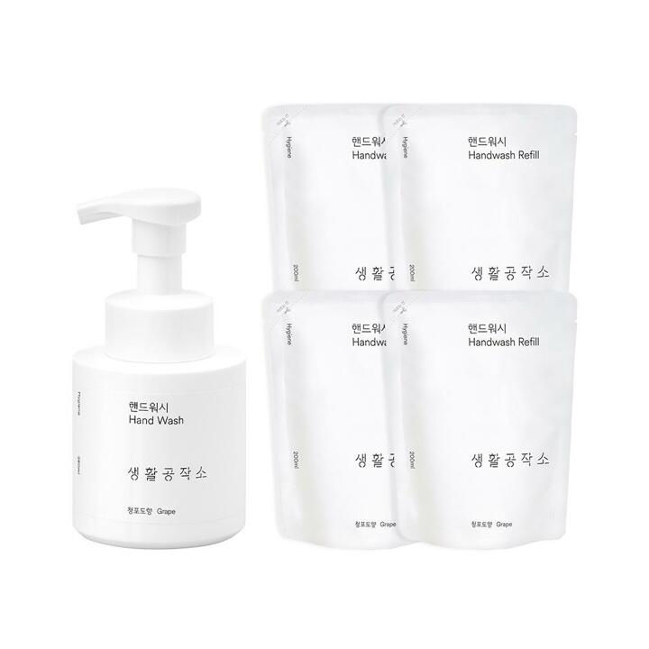 [생활공작소] 핸드워시 용기 250ml 1개+리필 200ml 4개 (파우더/청포도향 택 1)