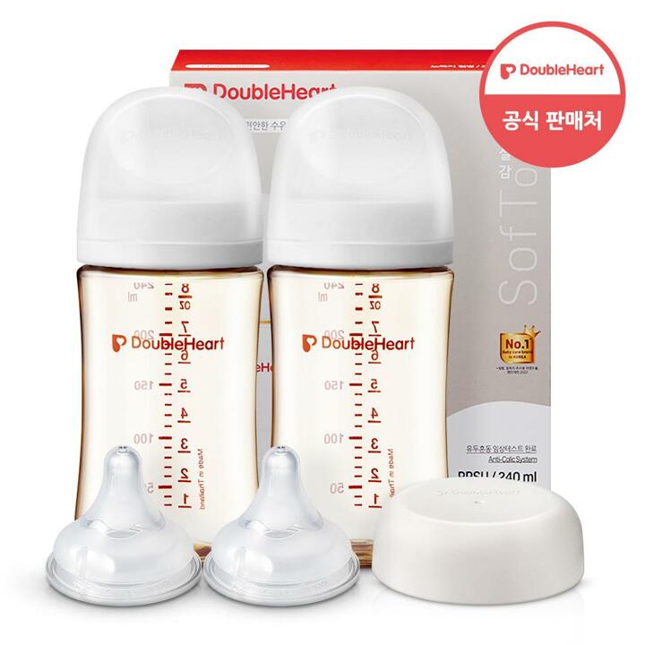 더블하트 모유실감 3세대 PPSU 트윈팩 240ml+젖꼭지 2입+젖병뚜껑