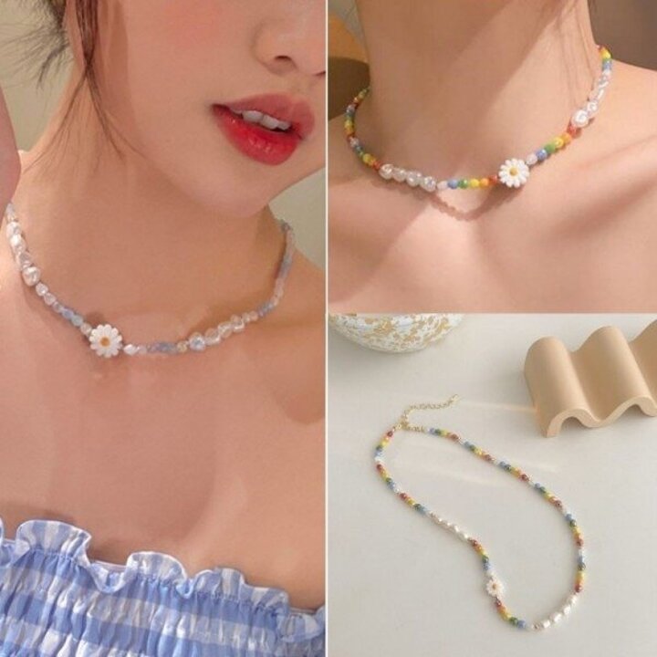 MNO 데이지 진주 비즈목걸이 초커 목걸이 사계절 데일리 레이어드