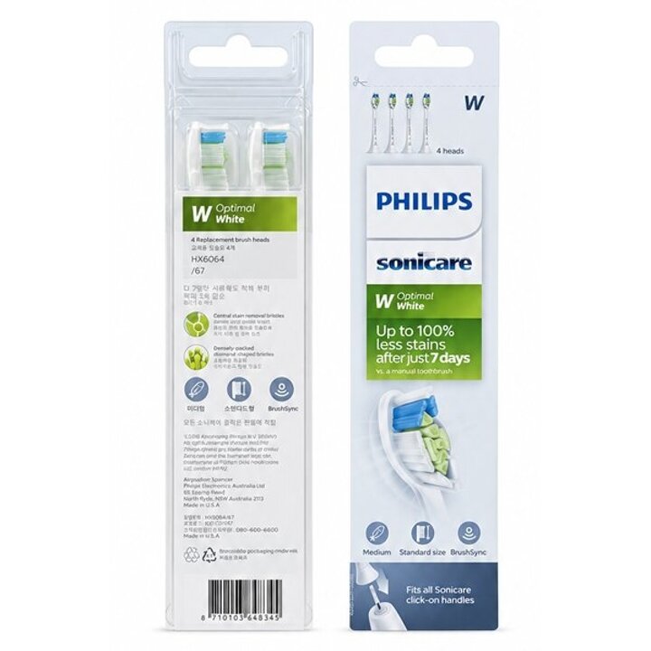 PHILIPS 필립스 옵티멀 화이트 칫솔모/HX6064/4개/화이트/교체시기 알림기능/치아표면 광택효과