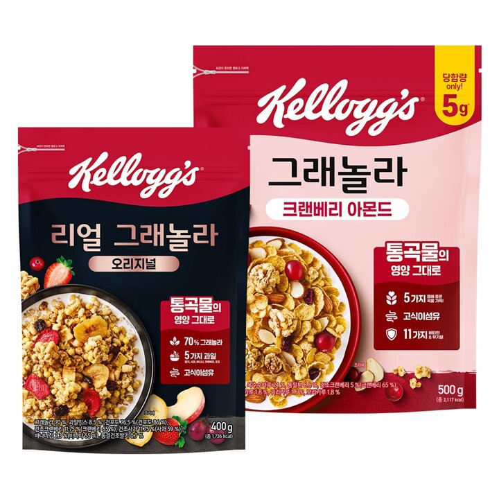 [켈로그] 시리얼 리얼 그래놀라 400g x 1개 + 크랜베리 아몬드 그래놀라 500g x 1개