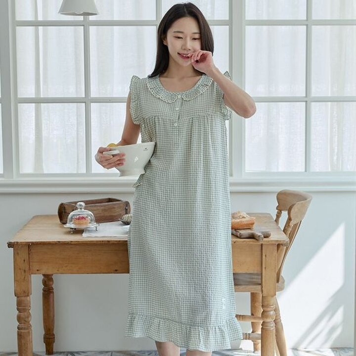 [하프클럽/알콩단잠]원피스잠옷 여성홈웨어 실내복 파자마 체크 인견면 민소매 홈드레스