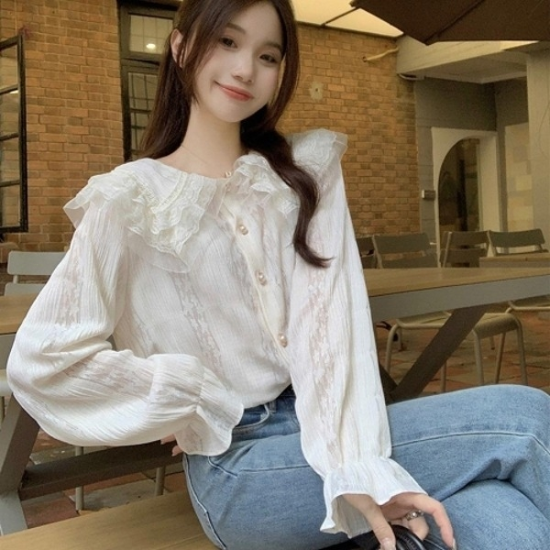 [다잇템] 여자 소매 귀여운 프릴 레이스 세일러카라 블라우스15283662588872