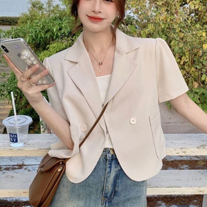여성 크롭 원버튼 반팔 마이 1P 퍼프 소매 자켓 정장 여름반팔자켓