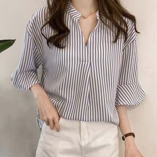 [귈림] 브이 슬릿 넥 스트라이프 블라우스(G6SBL028P)