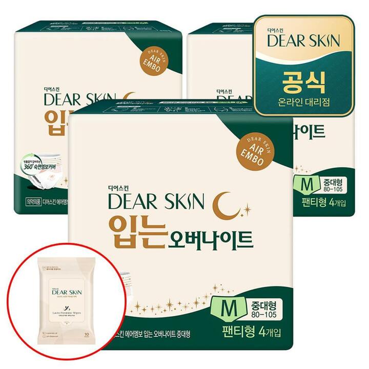 깨끗한나라 디어스킨 에어엠보 입는오버나이트 뉴 중대형 4개입x3팩+디어스킨 여성청결 티슈 10매