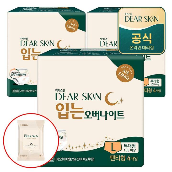 깨끗한나라 디어스킨 에어엠보 입는오버나이트 뉴 특대형 4개입x3팩+디어스킨 여성청결 티슈 10매