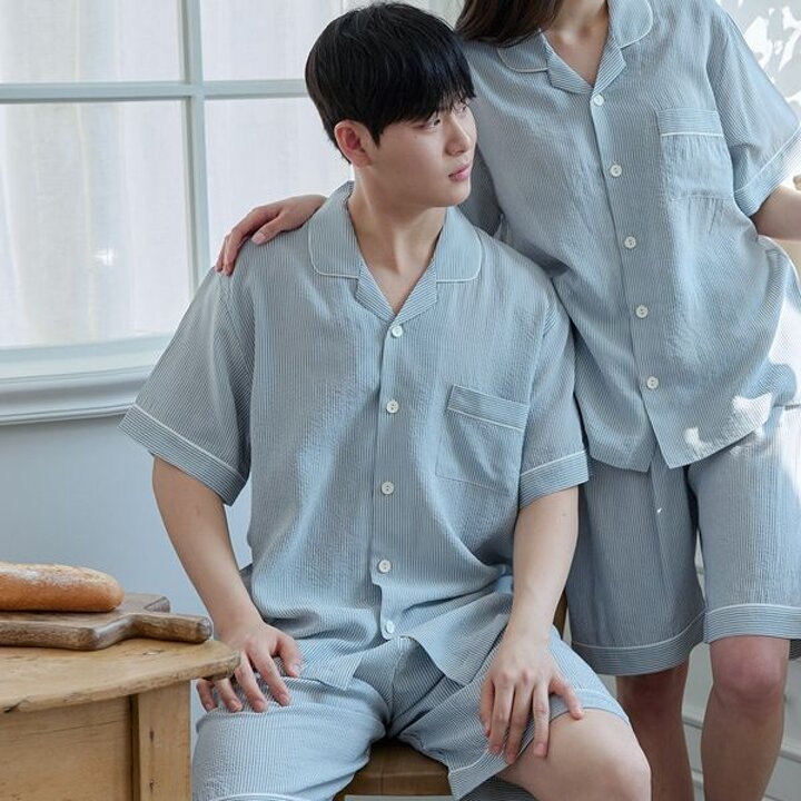 [하프클럽/알콩단잠]남자잠옷 남성 파자마 홈웨어 스트라이프 인견면 반팔 여름 실내복 ..