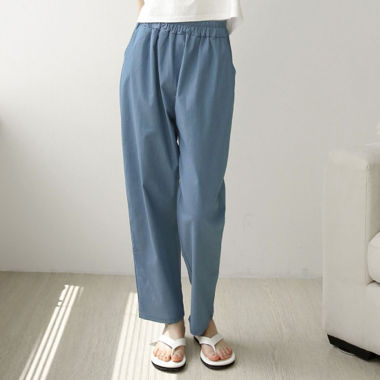 [샵앤] 데일리 여성 여름 밴딩 무지 통 배기바지 면 와이드팬츠 AMI-WPT-3370-블루