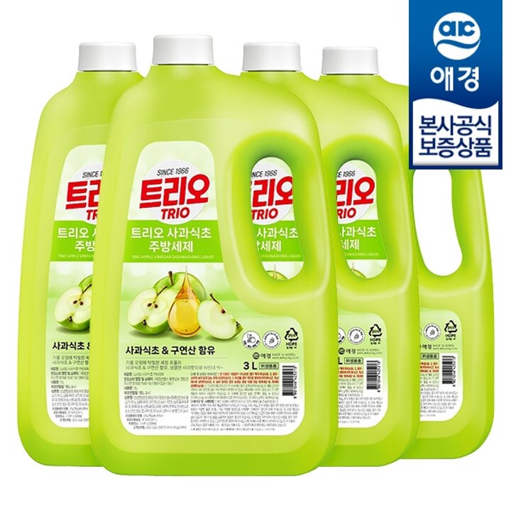 [애경] 트리오 사과식초 주방세제 3L x4개