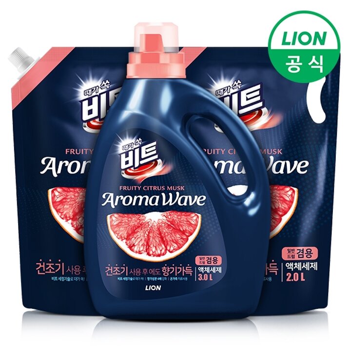비트 아로마웨이브 세탁세제(일반/드럼 겸용) 3L용기 + 2L리필 2개