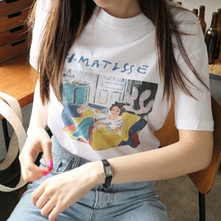 LMO 유니크 레이디스 S/S 그래픽심플넥 면소재 하프티 티 숏슬리브 여성용 귀여운 여름티 프린트 여자흰티